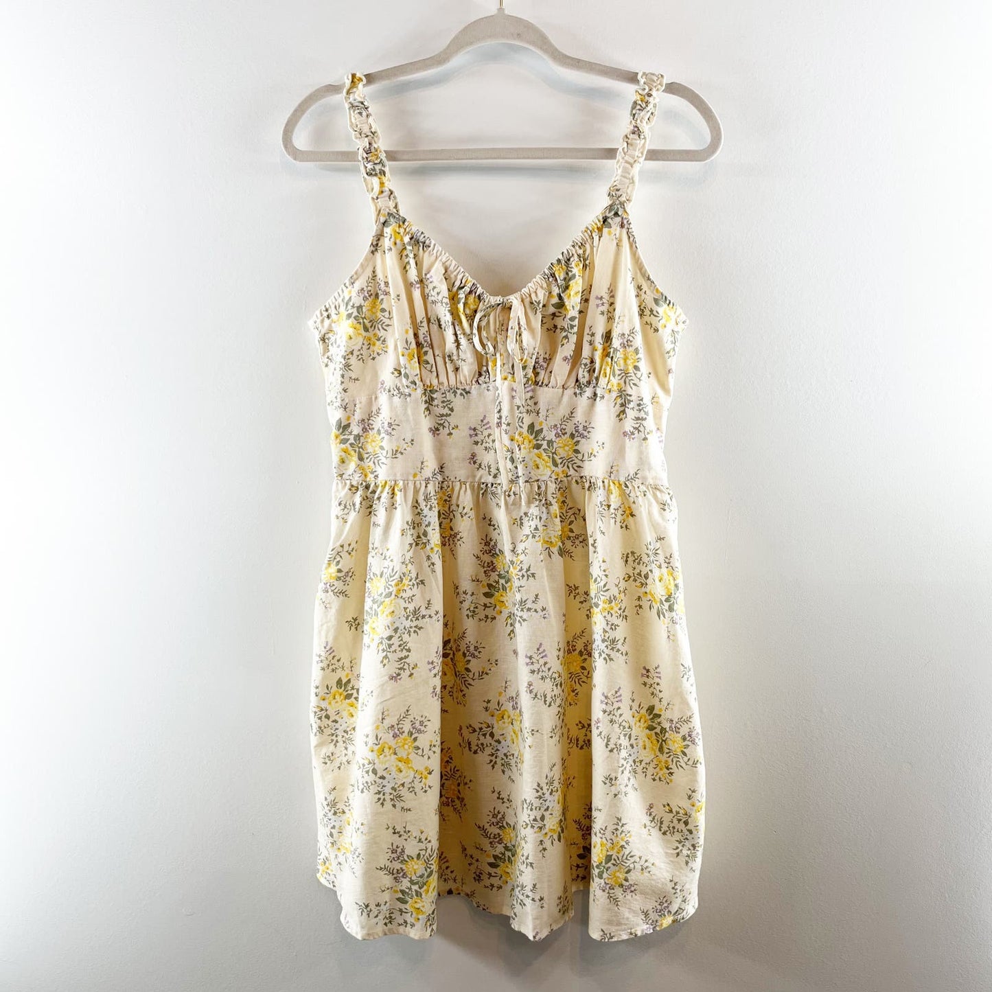 Lucky Brand Shirred Floral Linen Cotton Mini Dress Butter Yellow Medium