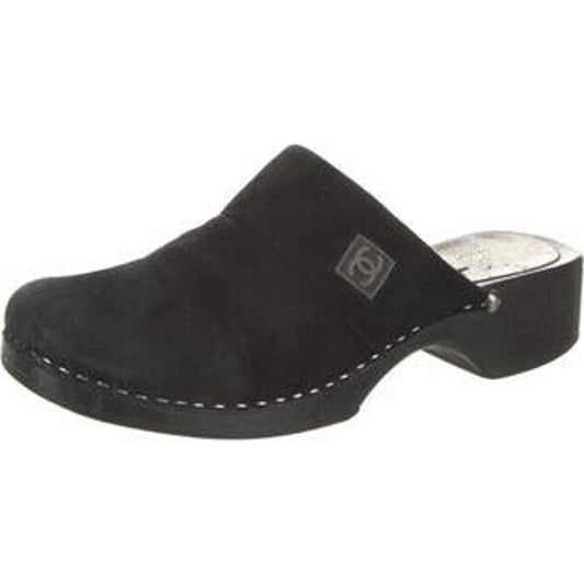 Chanel Sport Suede Interlocking CC Logo Slip On Round Toe Clog Mules Black 37