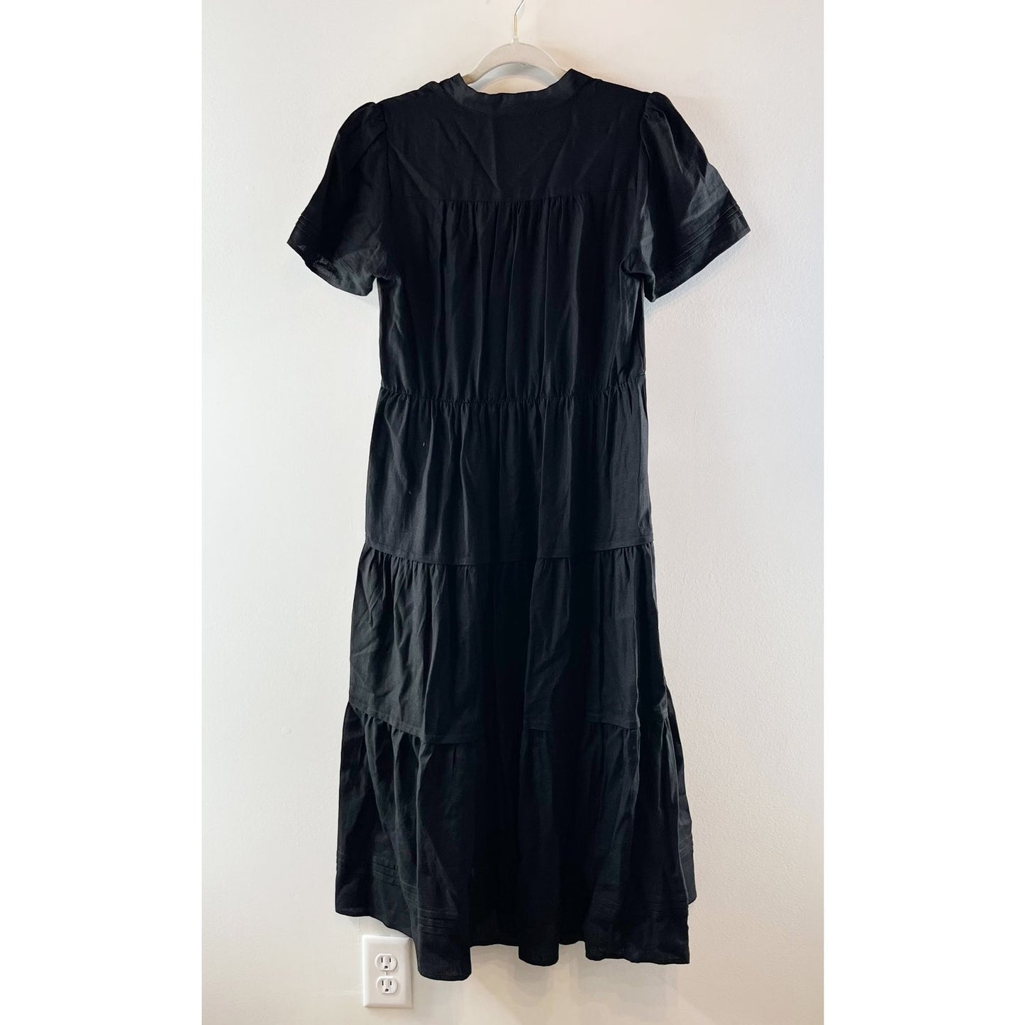 Cynthia Rowley Tiered Linen Blend Short Sleeve Midi Dress Black Small