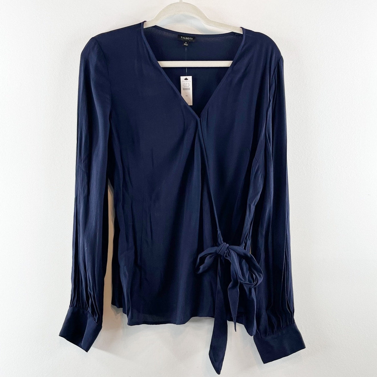 Talbots Long Sleeve Surplice V-Neck Side Tie Faux Wrap Blouse Navy Blue Medium