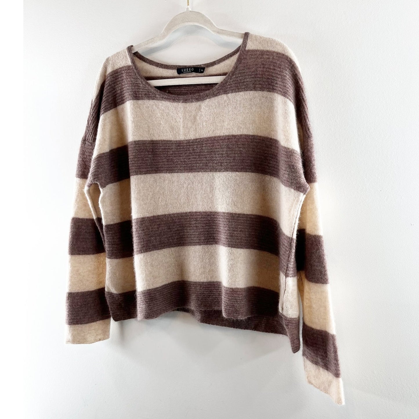 Lusso Logan Crewneck Cashmere Striped Long Sleeve Sweater Brown Tan XL