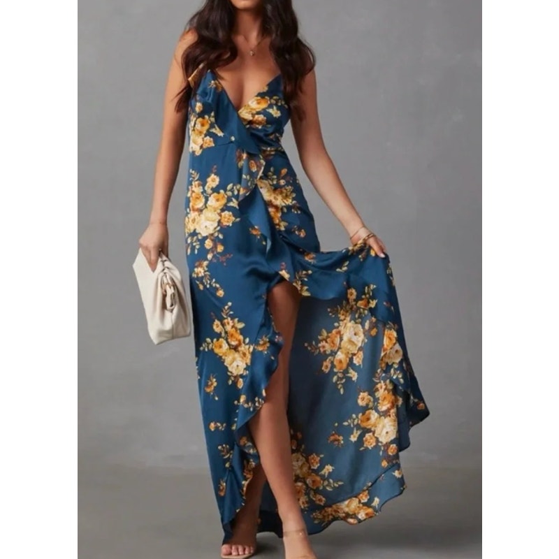 VICI Satin Floral Slit Maxi Slip Dress Green Large