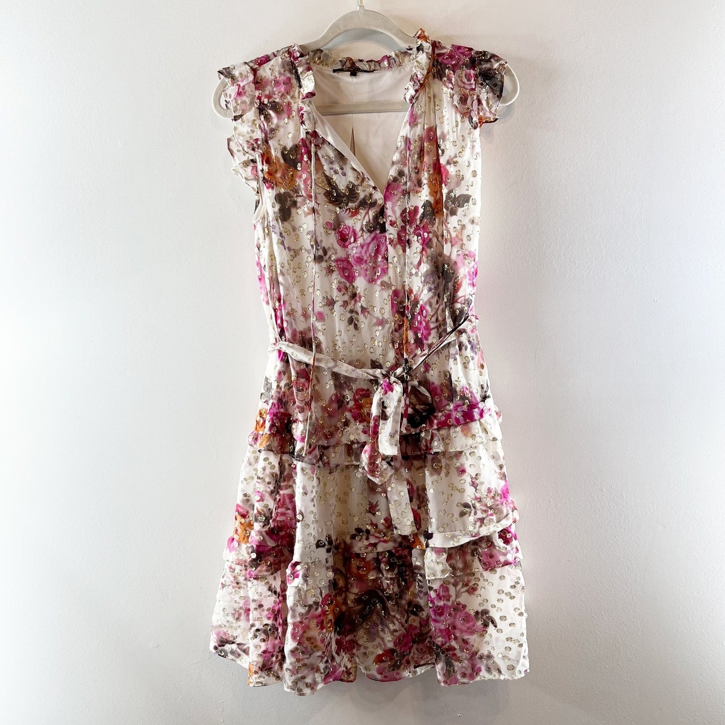 Kobi Halperin Brook Tiered Floral Print Gold Fleck Mini Dress White Pink Small
