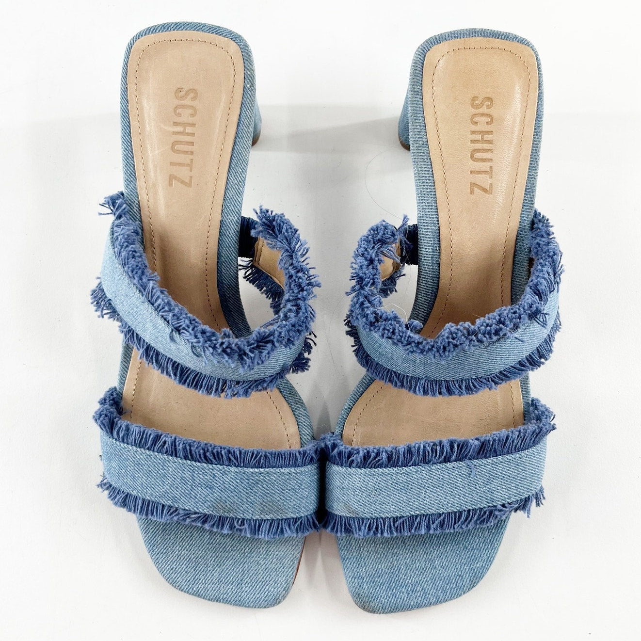 Schutz Amely Slip On Fringed Double Strap Mid Block Denim Mule Sandal Blue 8