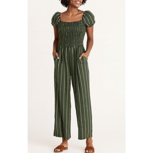 Abercrombie & Fitch Smocked Short Sleeve Striped Wide Leg Jumpsuit Green Medium