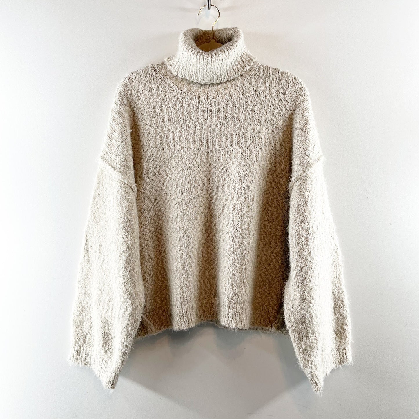 Topshop Dropped Shoulder Knit Fluffy Turtleneck Pullover Sweater Oat Small