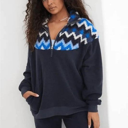 Aerie Hometown Holiday 1/4 Zip Fleece Pullover Jacket Sweatshirt Blue Medium