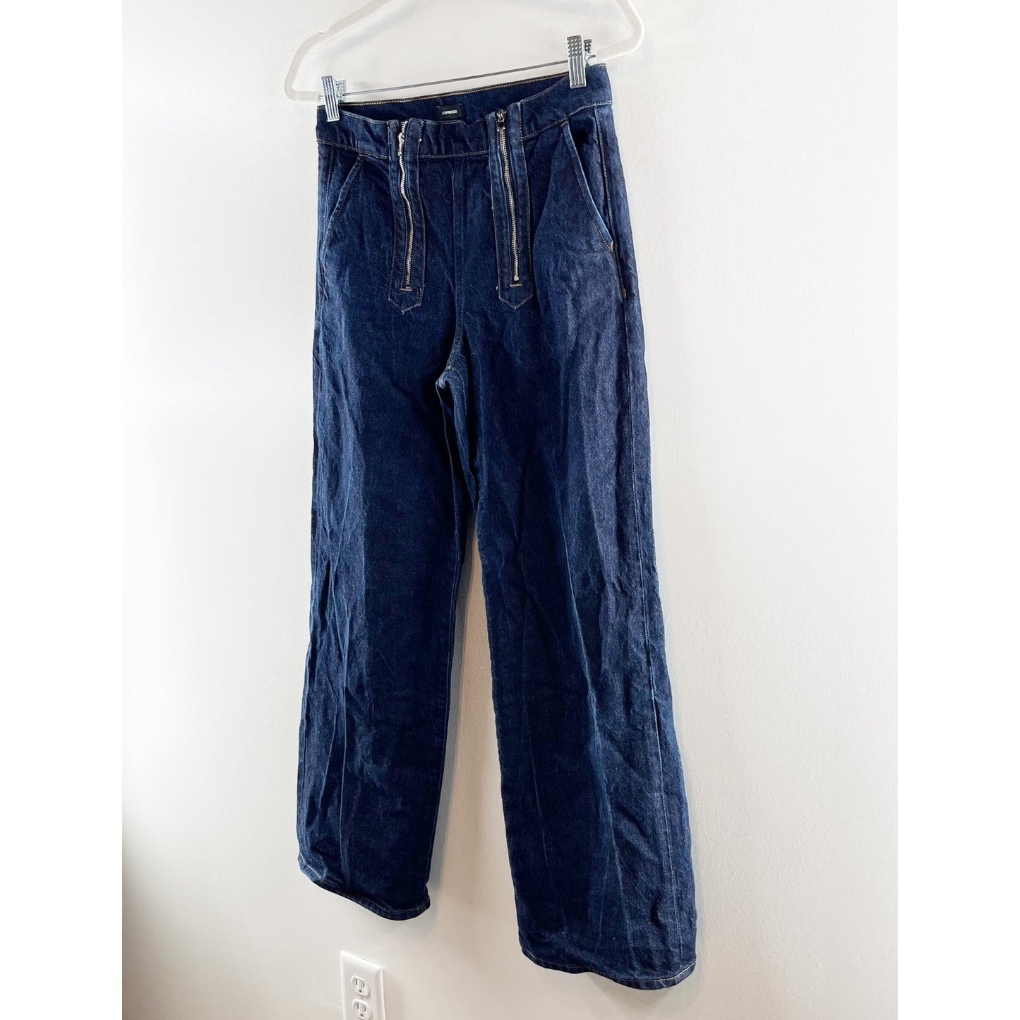 Express High Rise Wide Leg Exposed Double Zipper Dark Wash Jeans 4 Petite