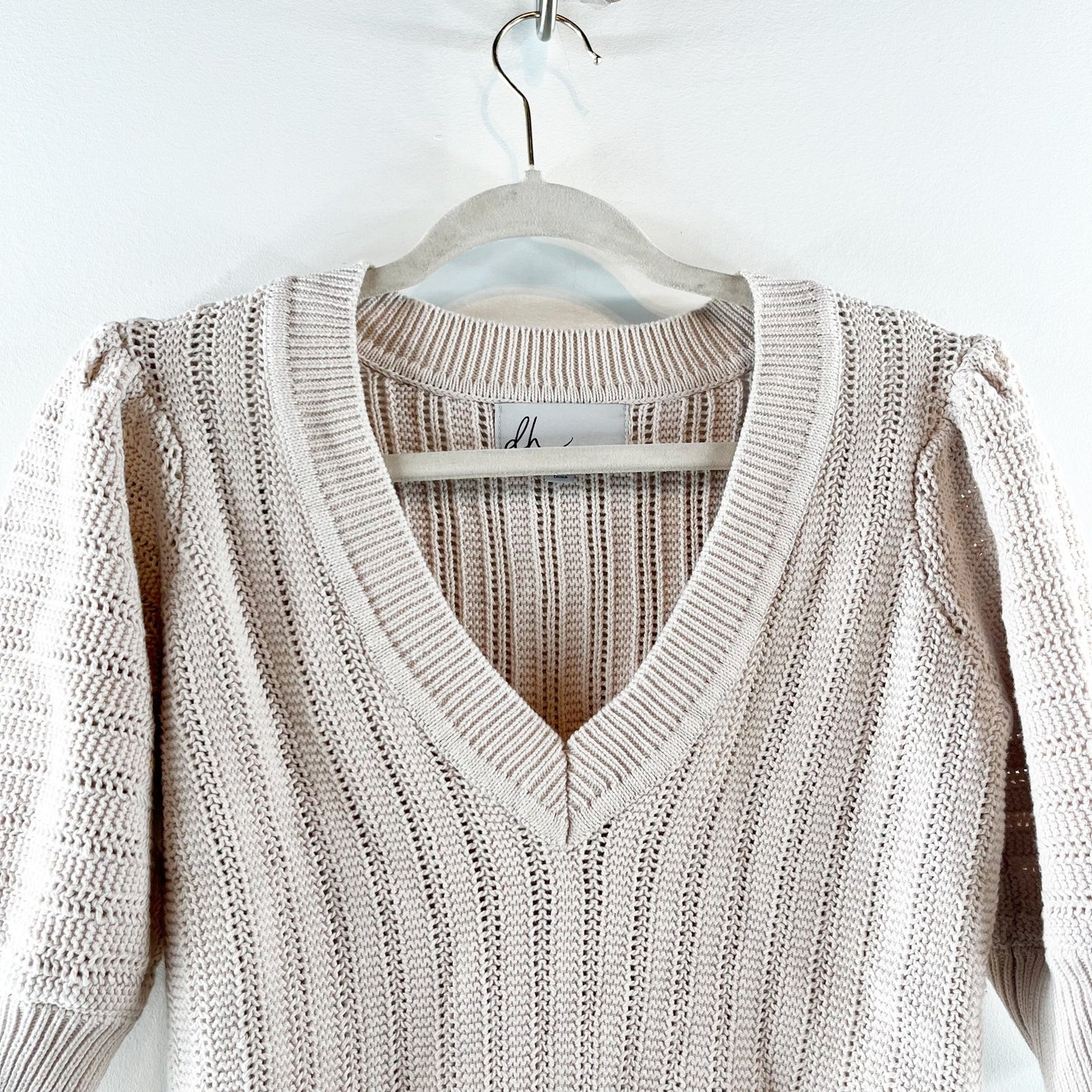 Design History Willow Cotton Puff Sleeve V-Neck Knit Pullover Sweater Cream S