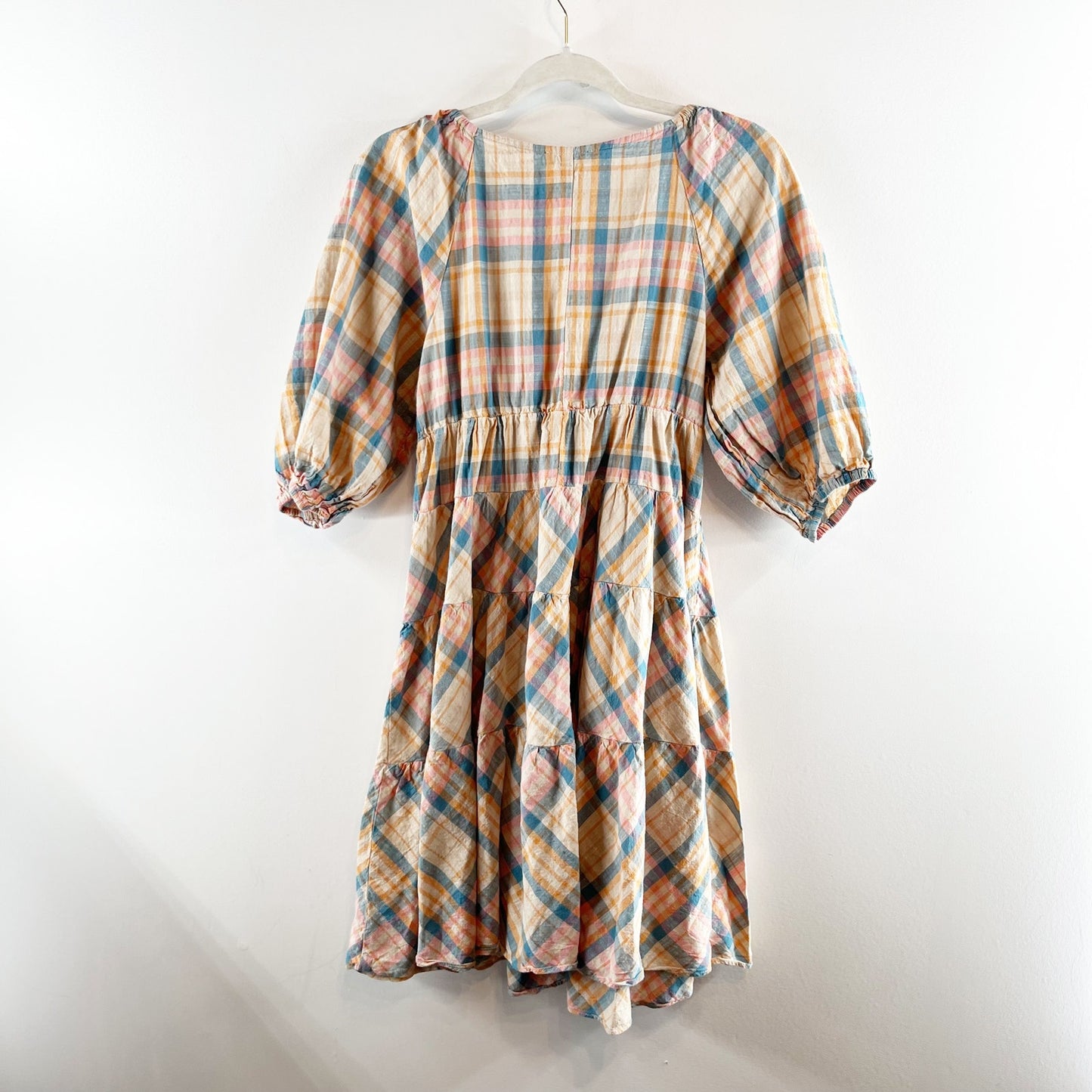 Drew Anthropologie Cotton Plaid Short Puff Sleeve Babydoll Mini Dress Yellow M
