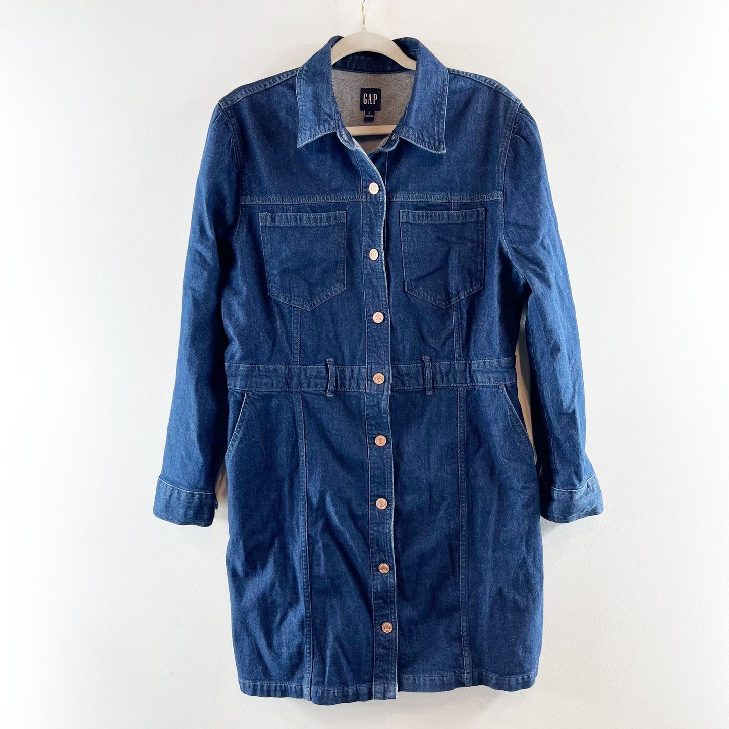 GAP Long Sleeve Button Up Mini Denim Shirt Dress Dark Wash Blue Large