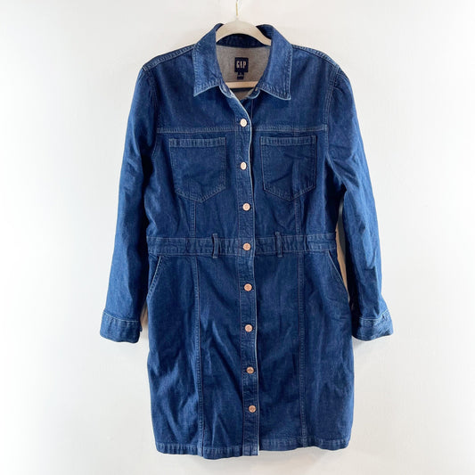 GAP Long Sleeve Button Up Mini Denim Shirt Dress Dark Wash Blue Large