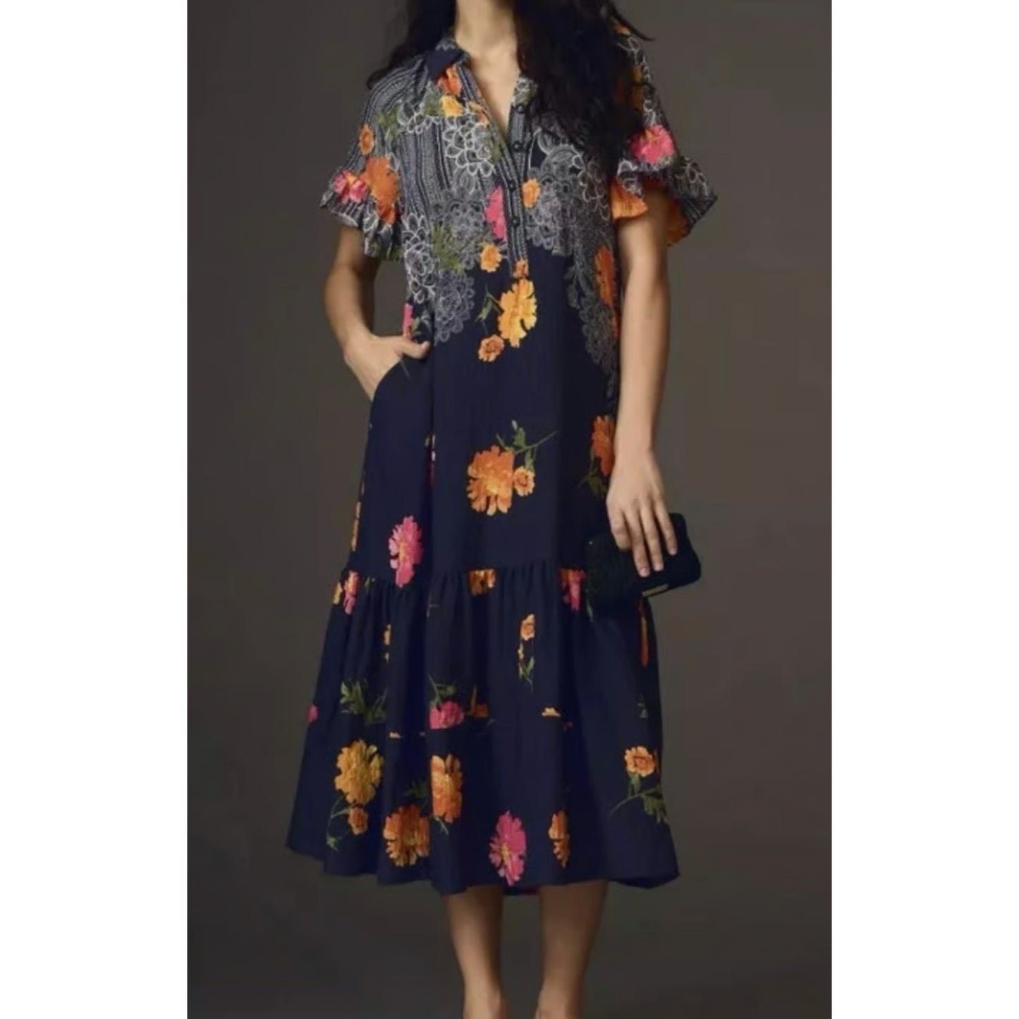 Anthropologie Floral Ruffle Sleeve V-Neck Tiered Midi Dress Navy Multi XS Petite