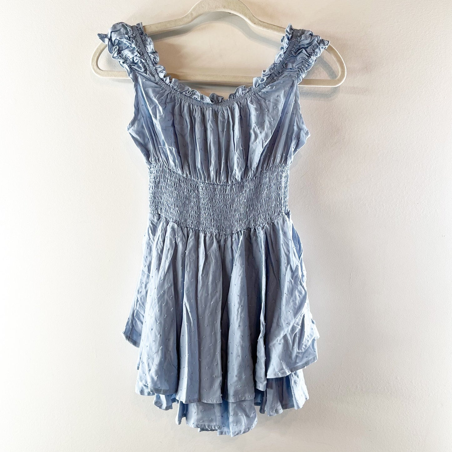 Urban Outfitters Rosie Smocked Cap Sleeve Mini Romper Blue XS