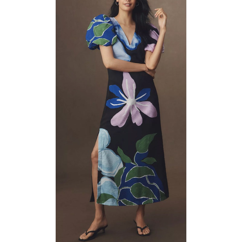 Anthropologie Puff Sleeve Floral A Line Maxi Dress Black Medium
