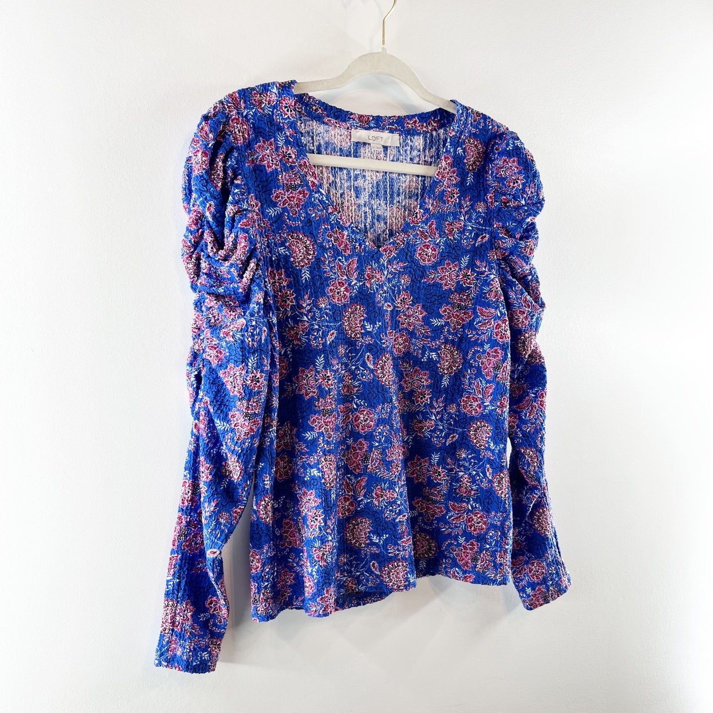 LOFT Garden Shirred Puff Long Sleeve Top Blouse in Cerulean Star Blue Medium