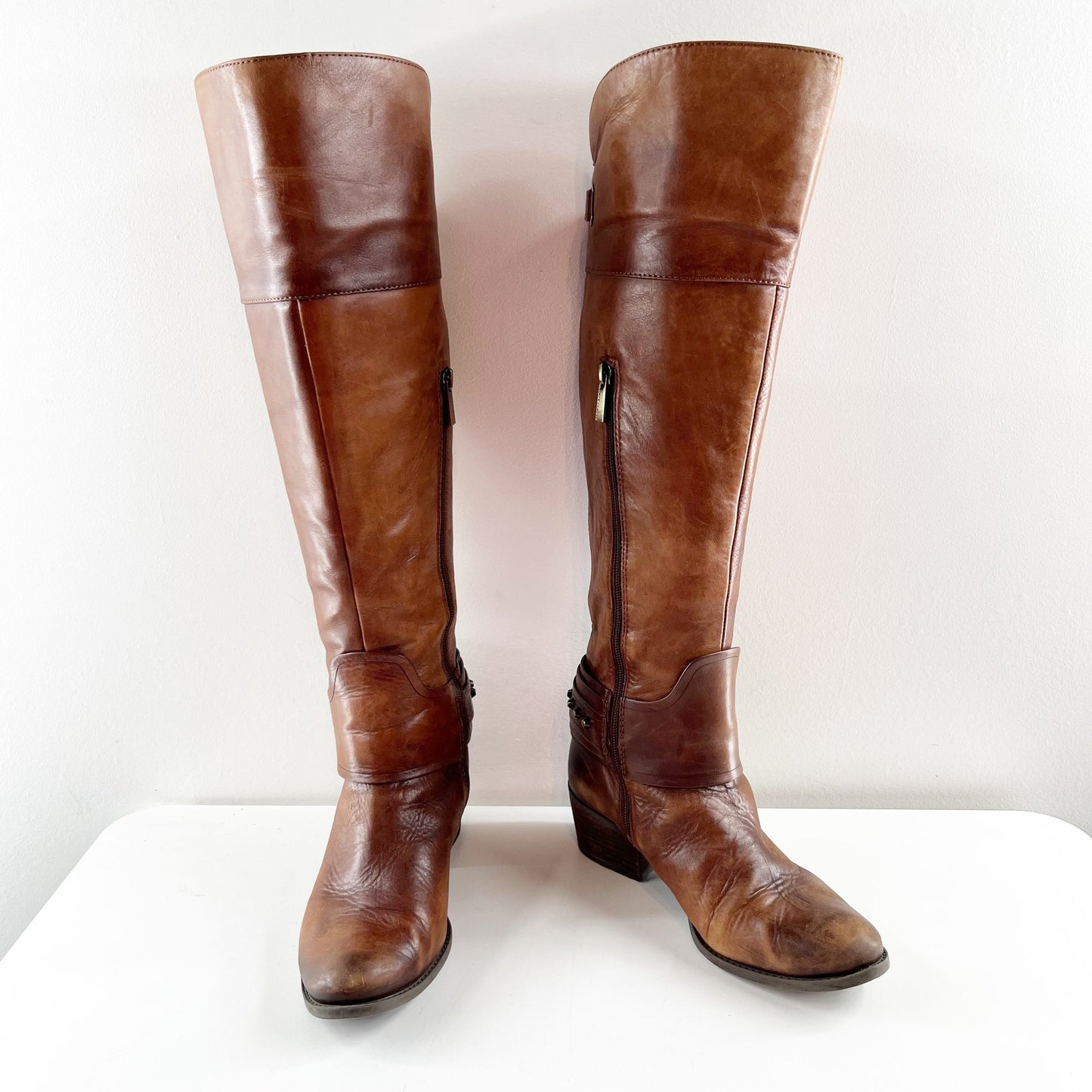 Vince Camuto Leather Beatrix Block Stacked Heel Knee High Riding Boots Brown 7.5