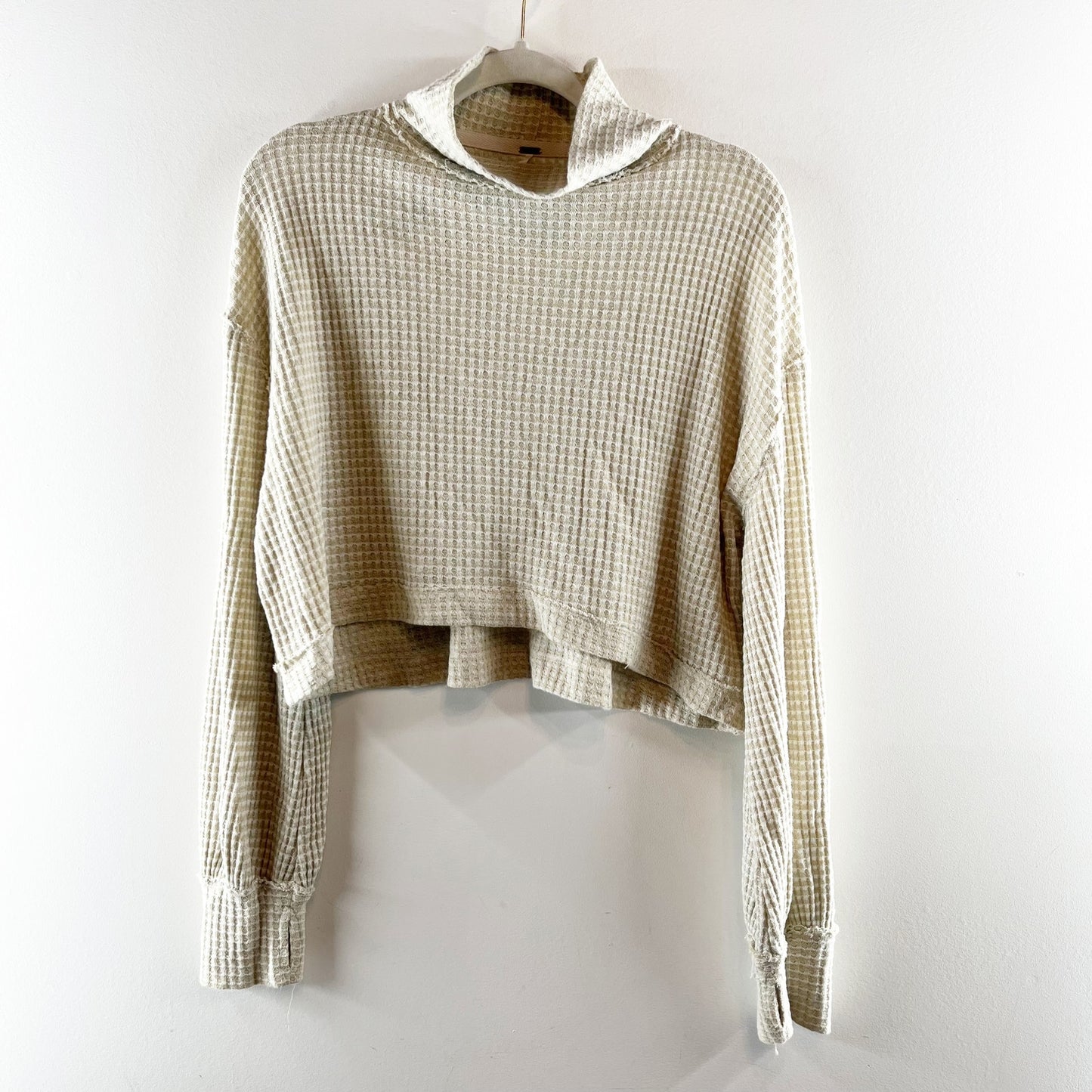 Free People BK Long Sleeve Turtleneck Waffle Knit Crop Thermal Top White Combo M