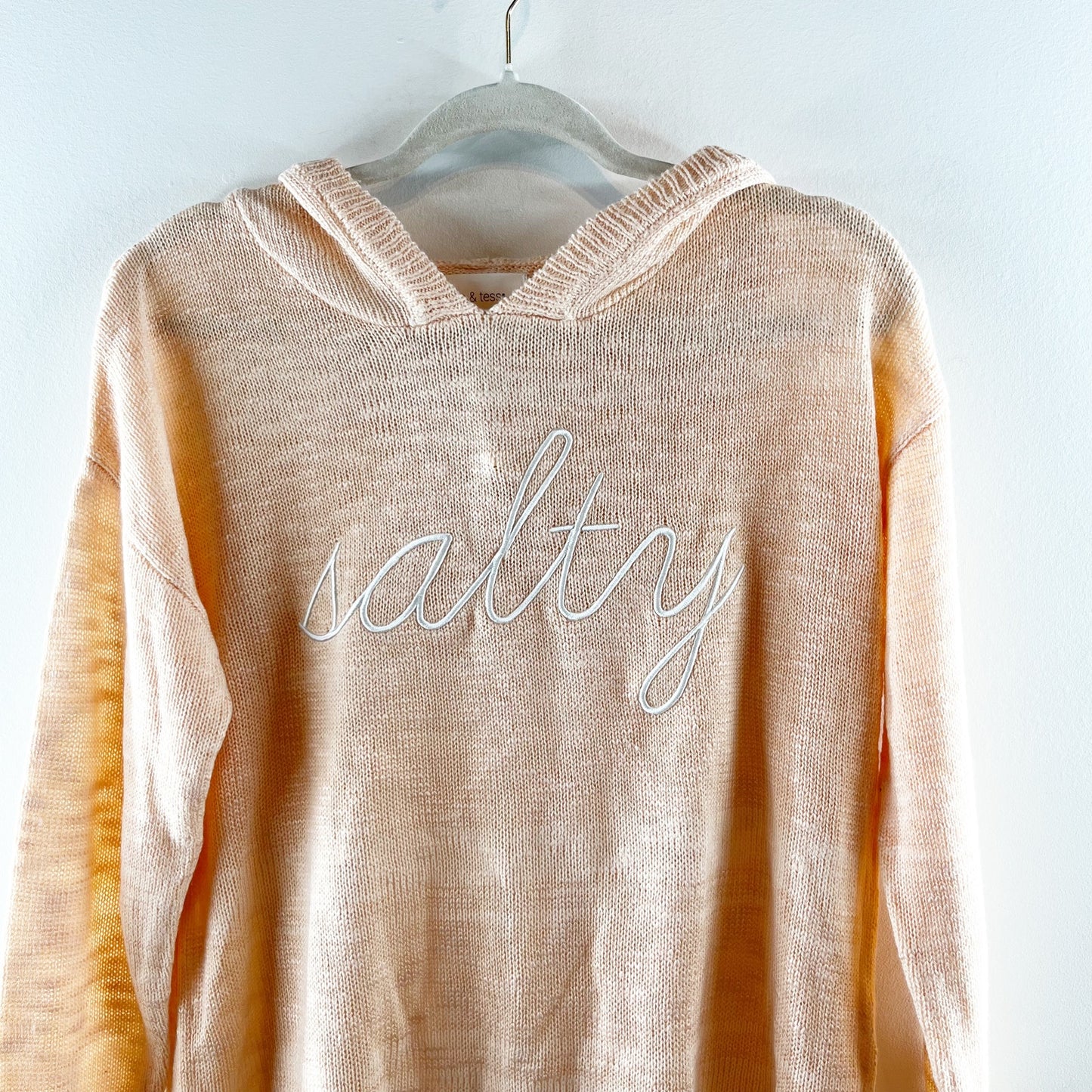 Mia & Tess Salty Embroidered Long Sleeve Knit Sweater Hoodie Peach Orange Small