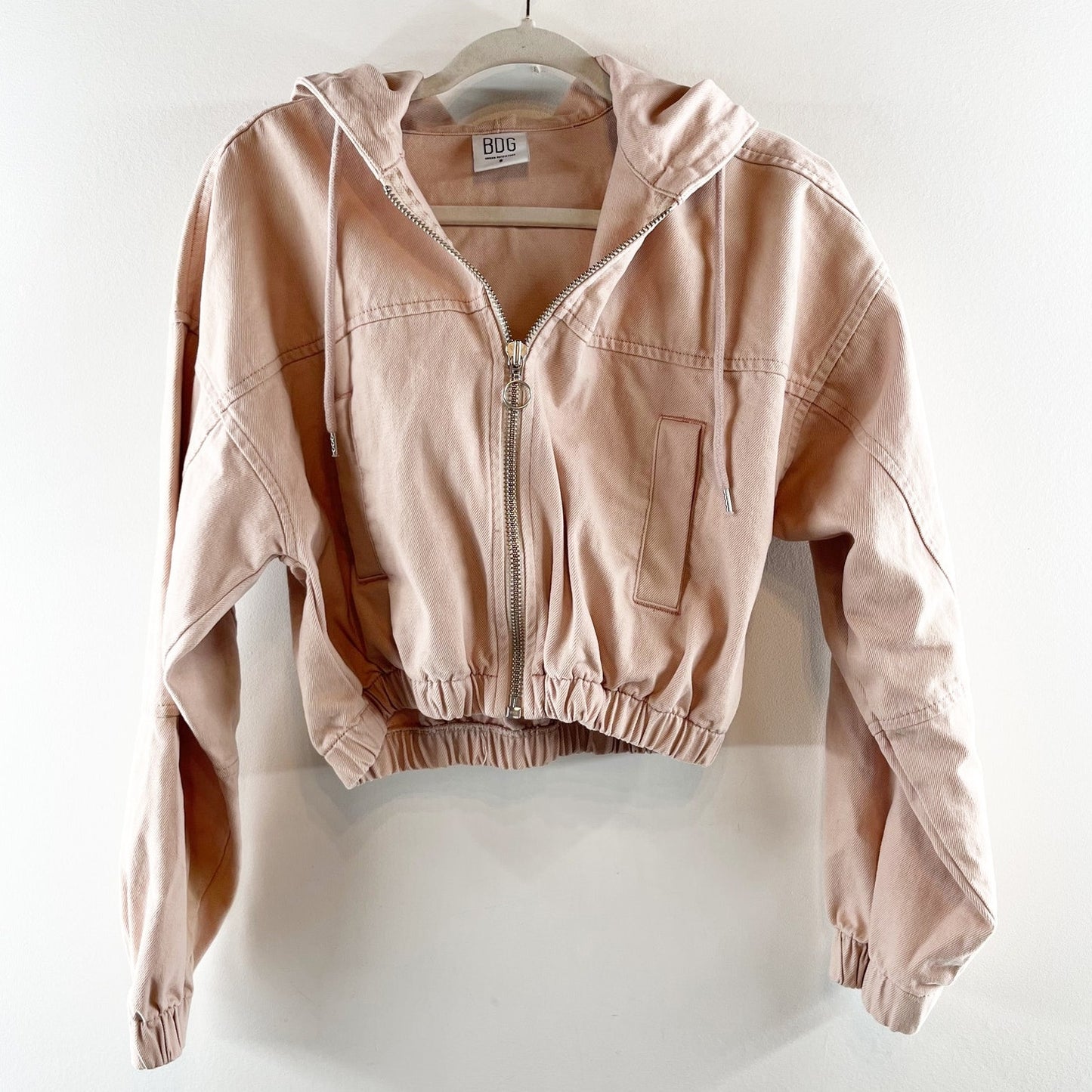 BDG Urban Outfitters Full Zip Cropped Hoodie Bomber Jacket Pink Tan Small
