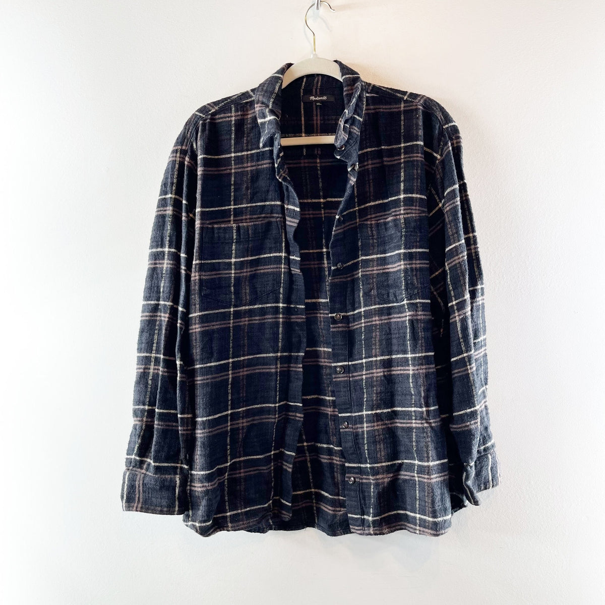 Madewell Long Sleeve Oversized Slub Flannel Sunday Button-Up Shirt Black Coal XL
