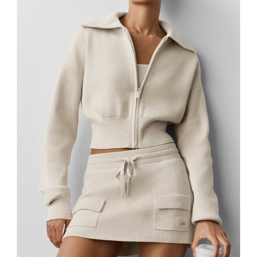 Alo Scholar Knit Cropped Full Zip Jacket Sweater Oatmeal Heather Tan XS