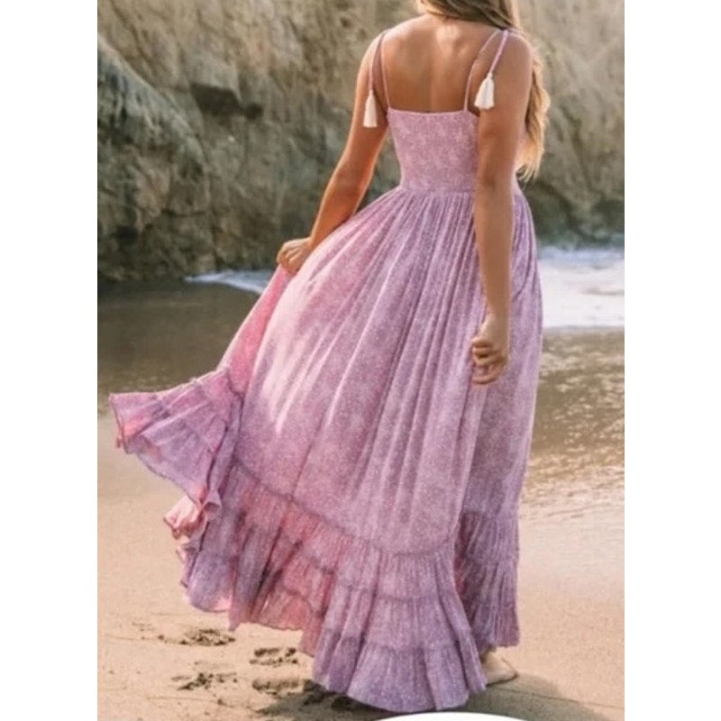 OLIA Smocked Tie Strap Printed Maxi Dress Sundress Lavender Purple Small