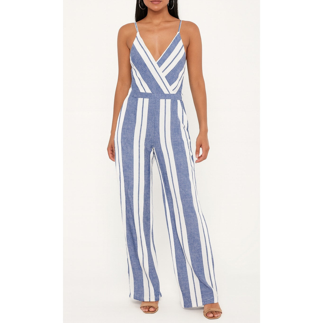 Young Fabulous & Broke Striped V Neck Jumpsuit Blue White Small