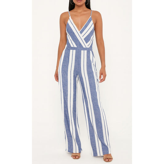 Young Fabulous & Broke Striped V Neck Jumpsuit Blue White Small