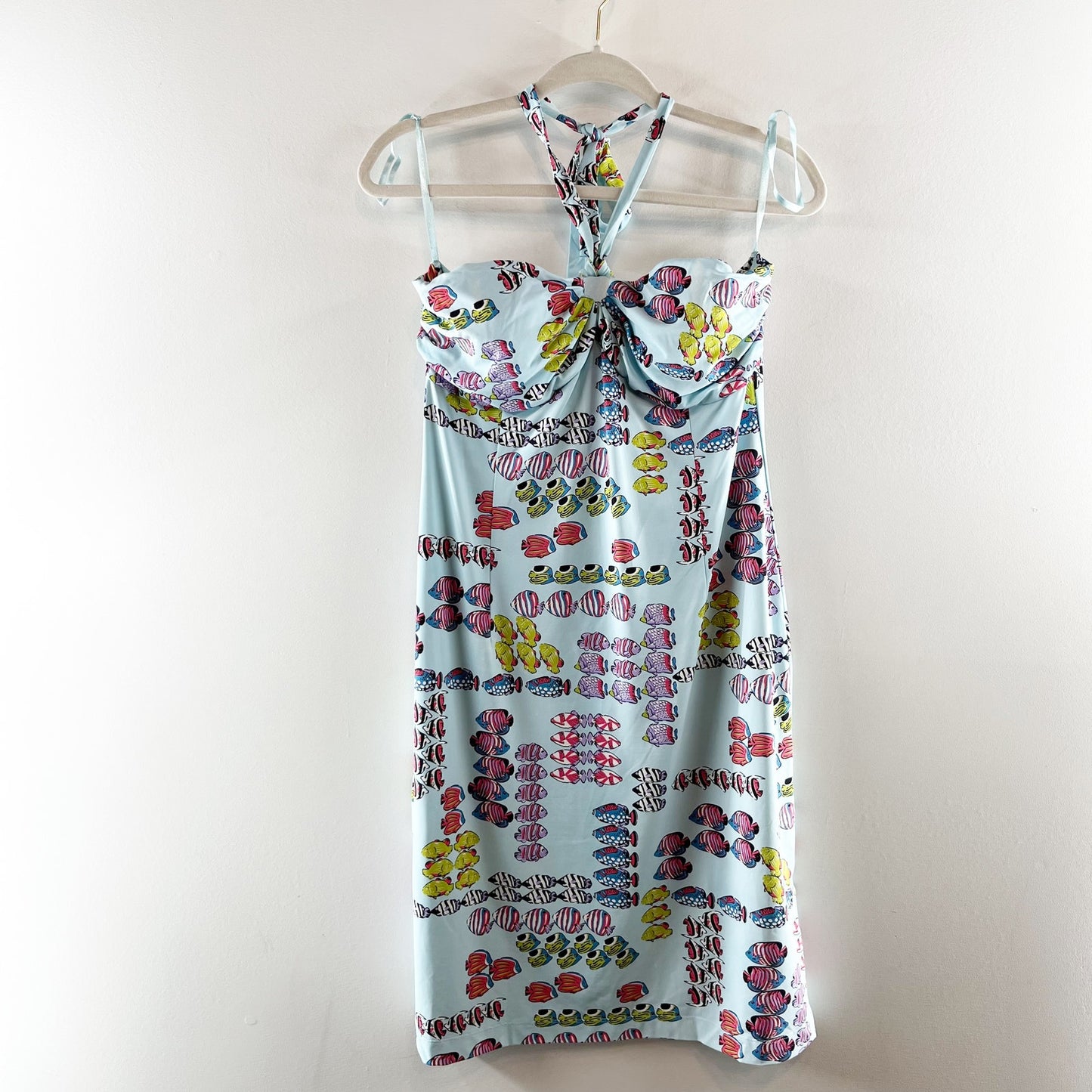 J. McLaughlin Fish Print Halter Tie Neck Mini Knee Length Dress Blue Medium