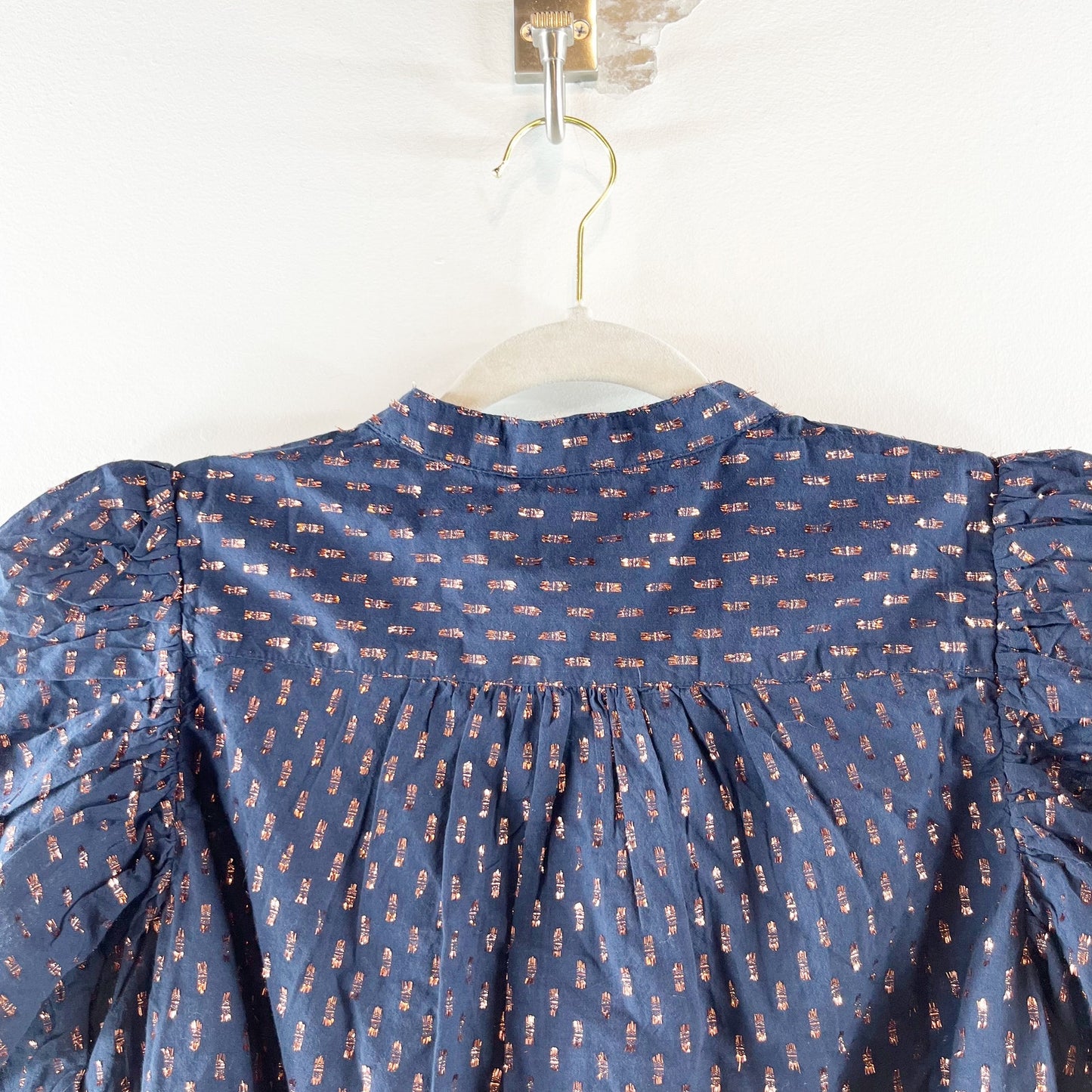 Gap Cotton Blend Puff Sleeve Button Front Blouse Shirt Navy Blue Clip Dot Small