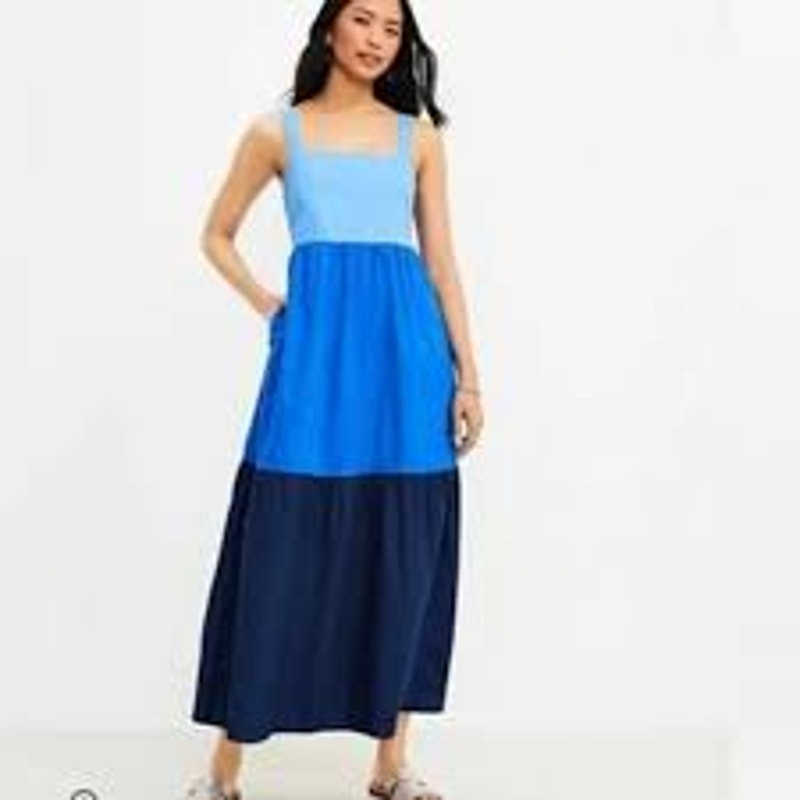 LOFT Colorblock Tiered Cotton Maxi Dress Blue Small