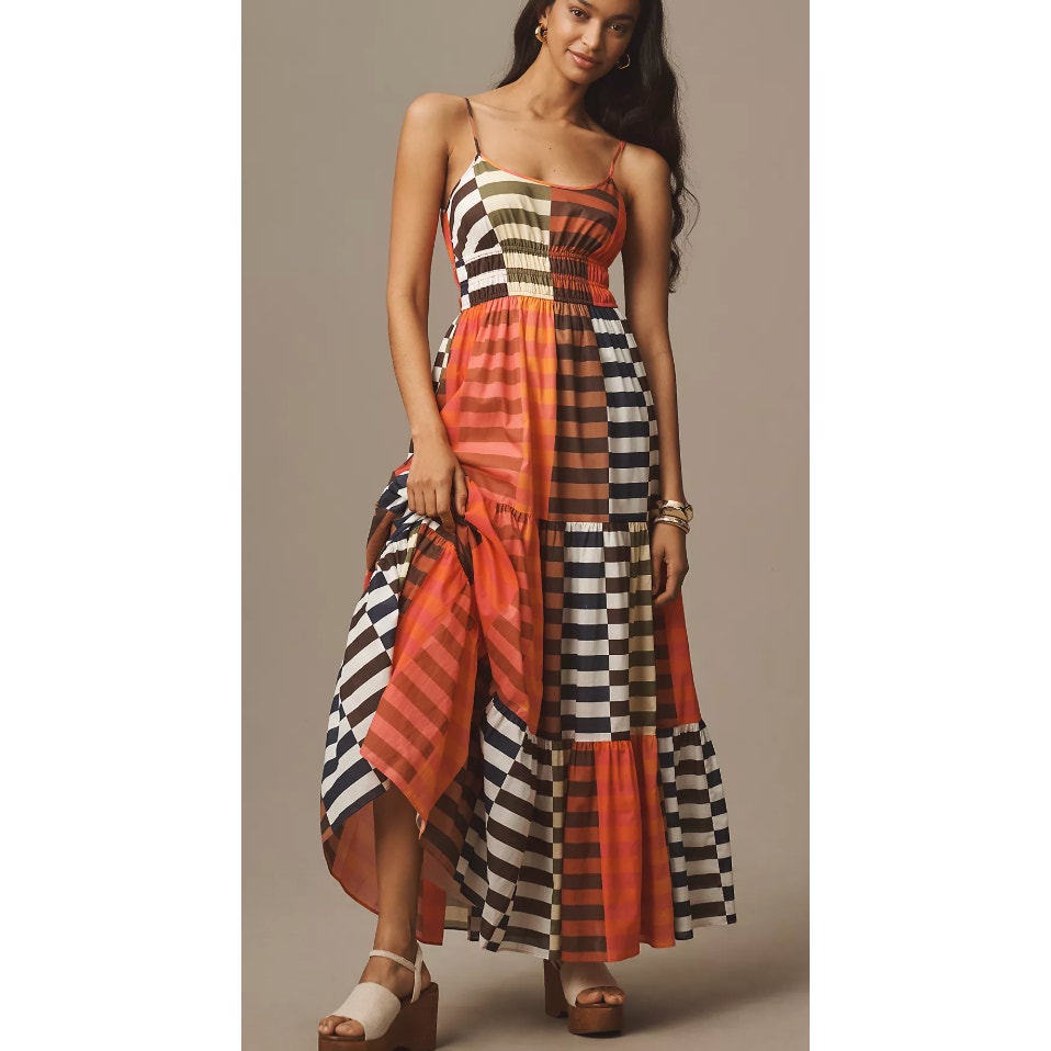 Hutch Silvana Tiered Striped Colorblock Maxi Dress Pink Multi Small