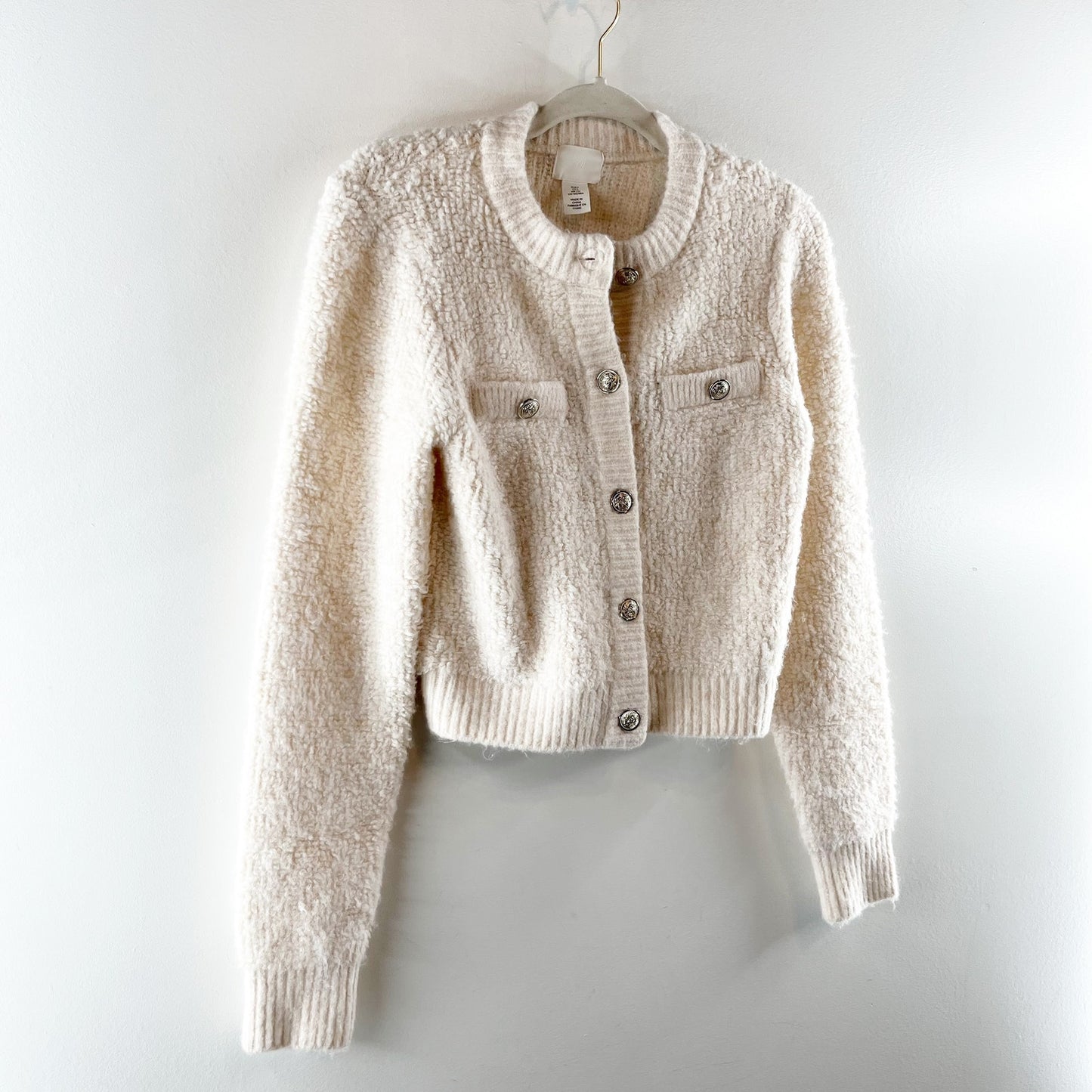 H&M Bouclé Long Sleeve Pocket Button-Front Cardigan Sweater Cream Small