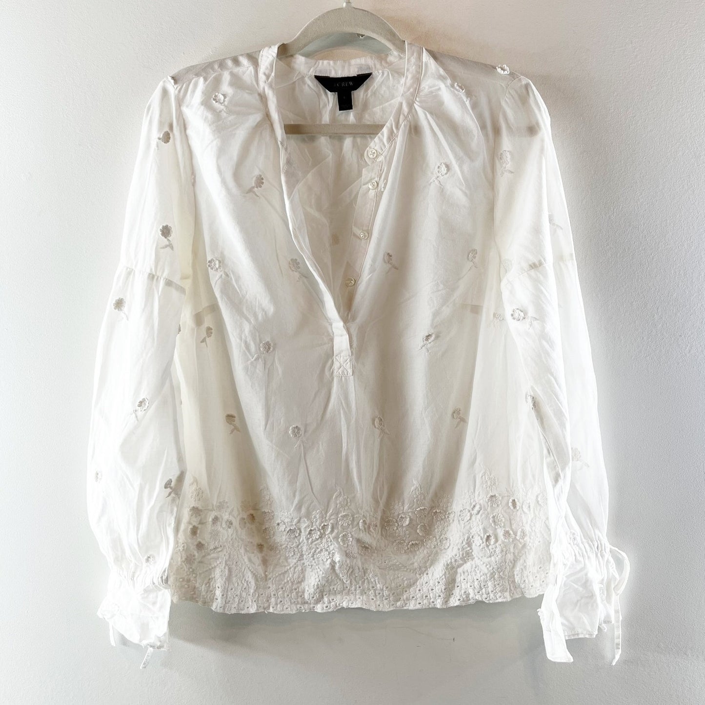 J. Crew Floral Embroidered Cotton Long Sleeve Top Blouse White Small