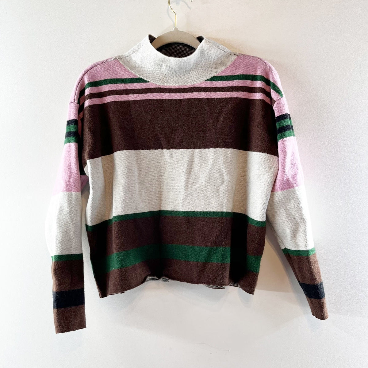 Maeve Anthropologie Striped Mockneck Long Sleeve Sweater Gray Pink XS