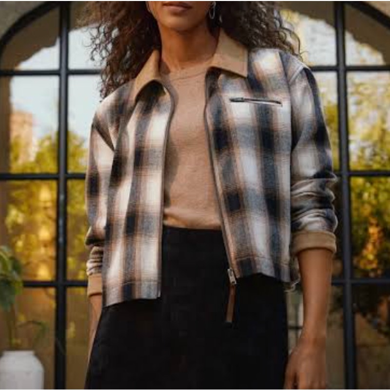 Evereve Cropped Plaid Barn Jacket Long Sleeve Full Zip Brown XS