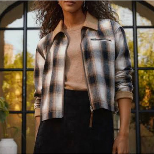Evereve Cropped Plaid Barn Jacket Long Sleeve Full Zip Brown XS