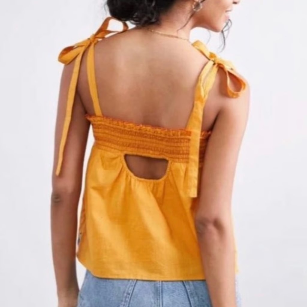 Anthropologie Tie Strap Embroidered Square Neck Tank Top Yellow XS