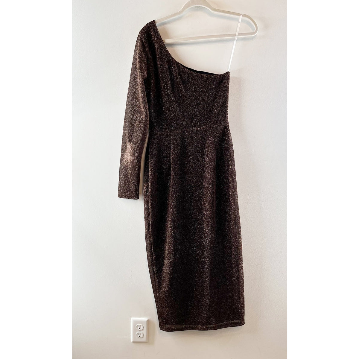 Lulus Radiant Vibe Shiny Bronze Lurex One Shoulder Midi Dress Gold Brown Medium