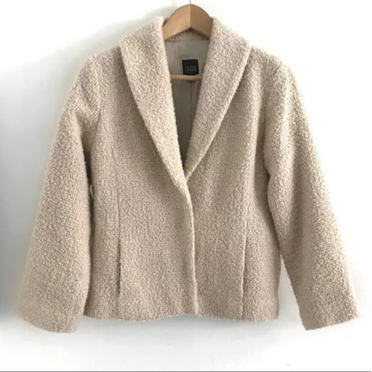 Eileen Fisher Teddy Boucle Wool Fuzzy Blazer Coat Jacket Tan Beige Large