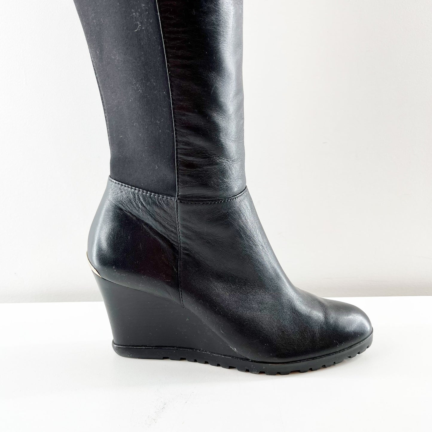 Michael Kors Knee High Leather Bromley Wedge Riding Boots Black 8