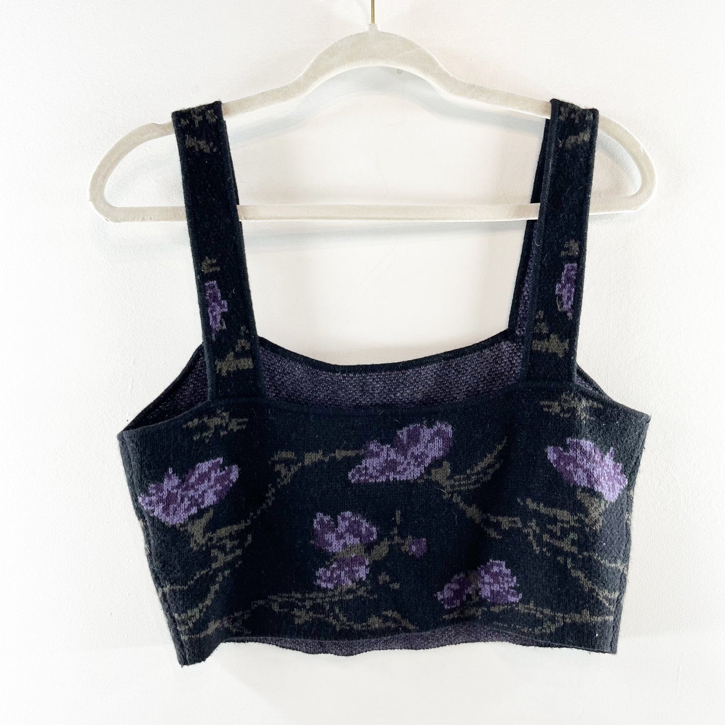 Vince Wool Cashmere Orchid Square Neck Sweater Floral Cami Crop Top Black Medium