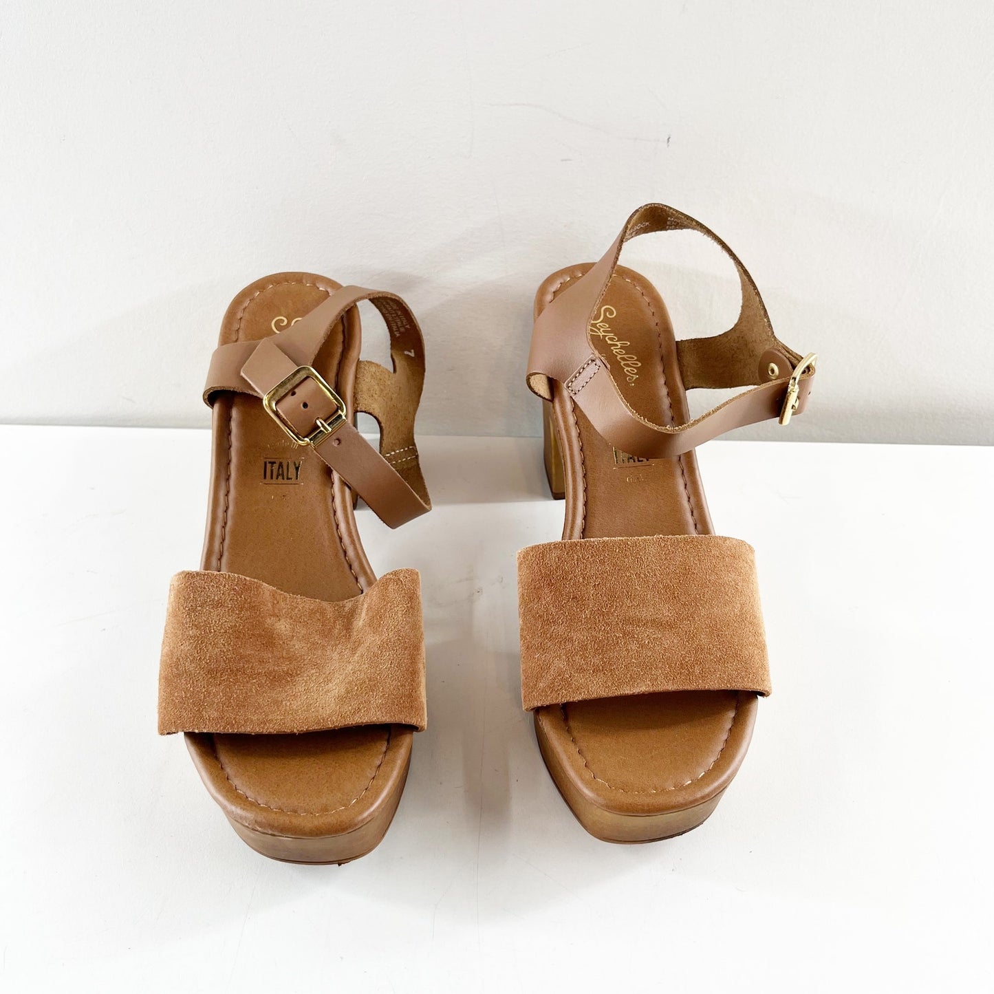Seychelles Jump For Joy Wood Heel Leather Sandals Shoes Cognac Brown 7