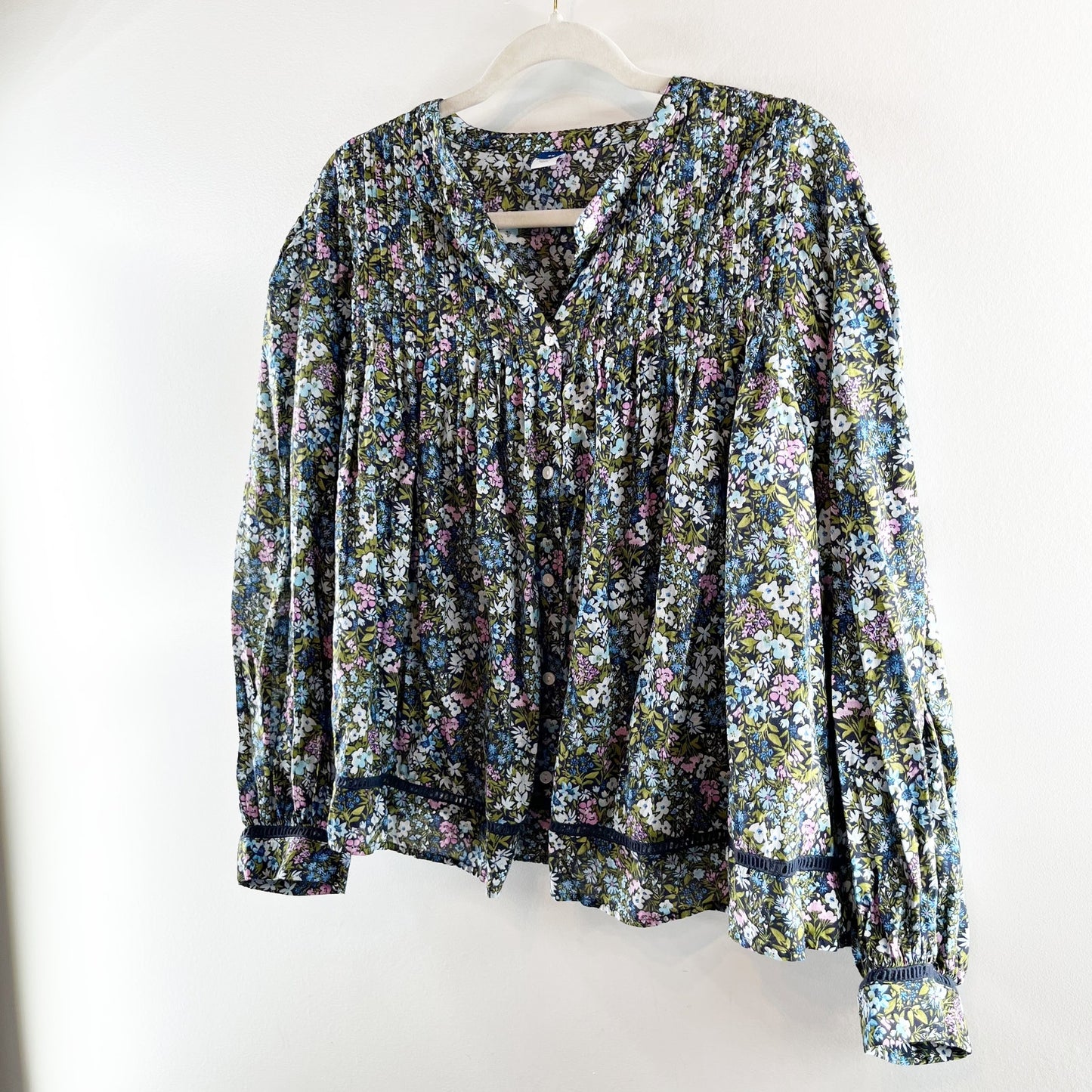 Old Navy Pintucked Cropped Boxy Long Sleeve Floral Blouse Shirt Blue Green 2X
