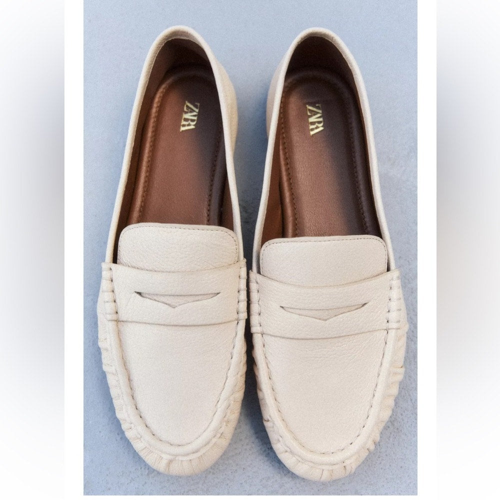 Zara Ruched Leather Slip On Penny Loafers Flat Cream 39 US 8.5