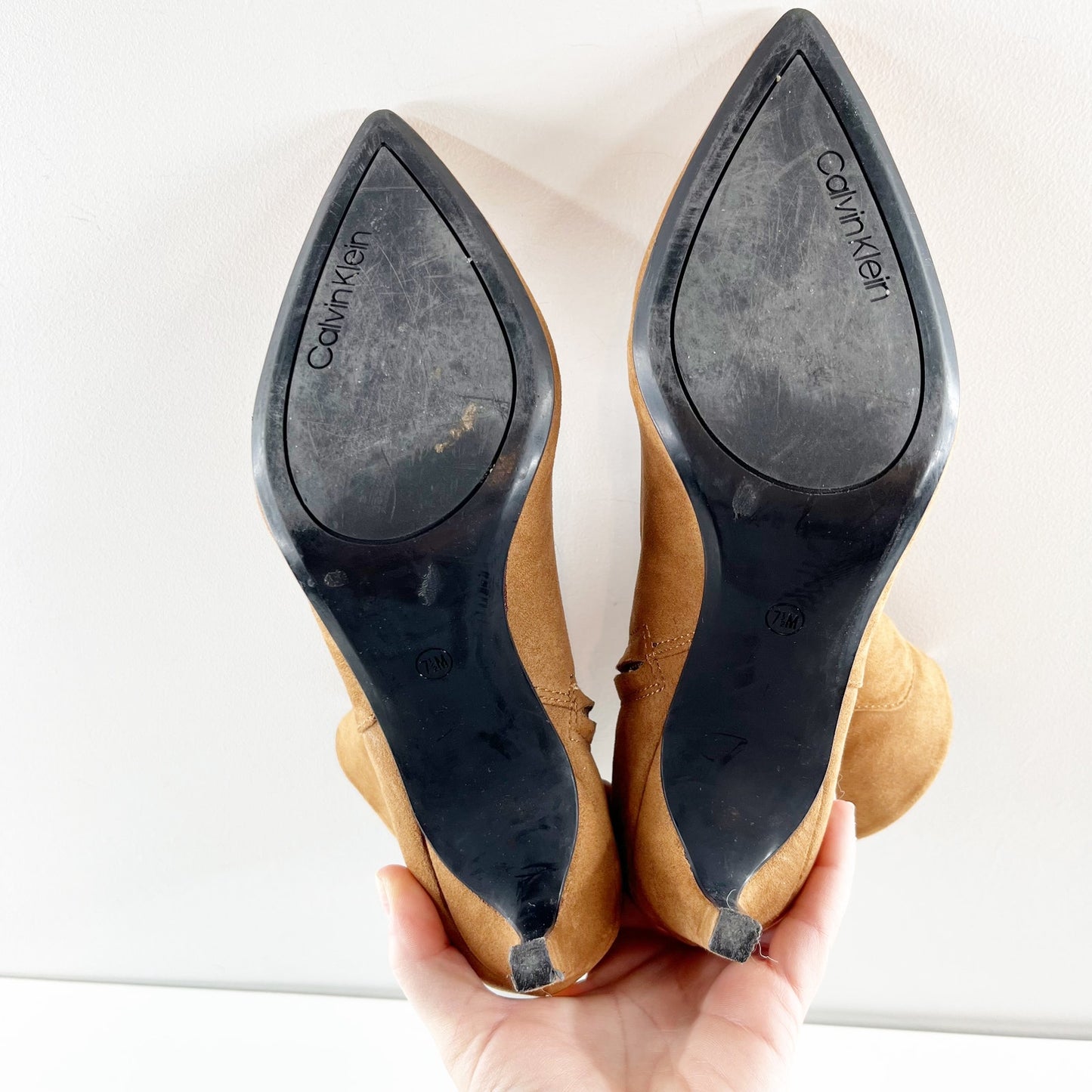 Calvin Klein Suede Pointed Toe Ankle Boots Booties Brown 7.5