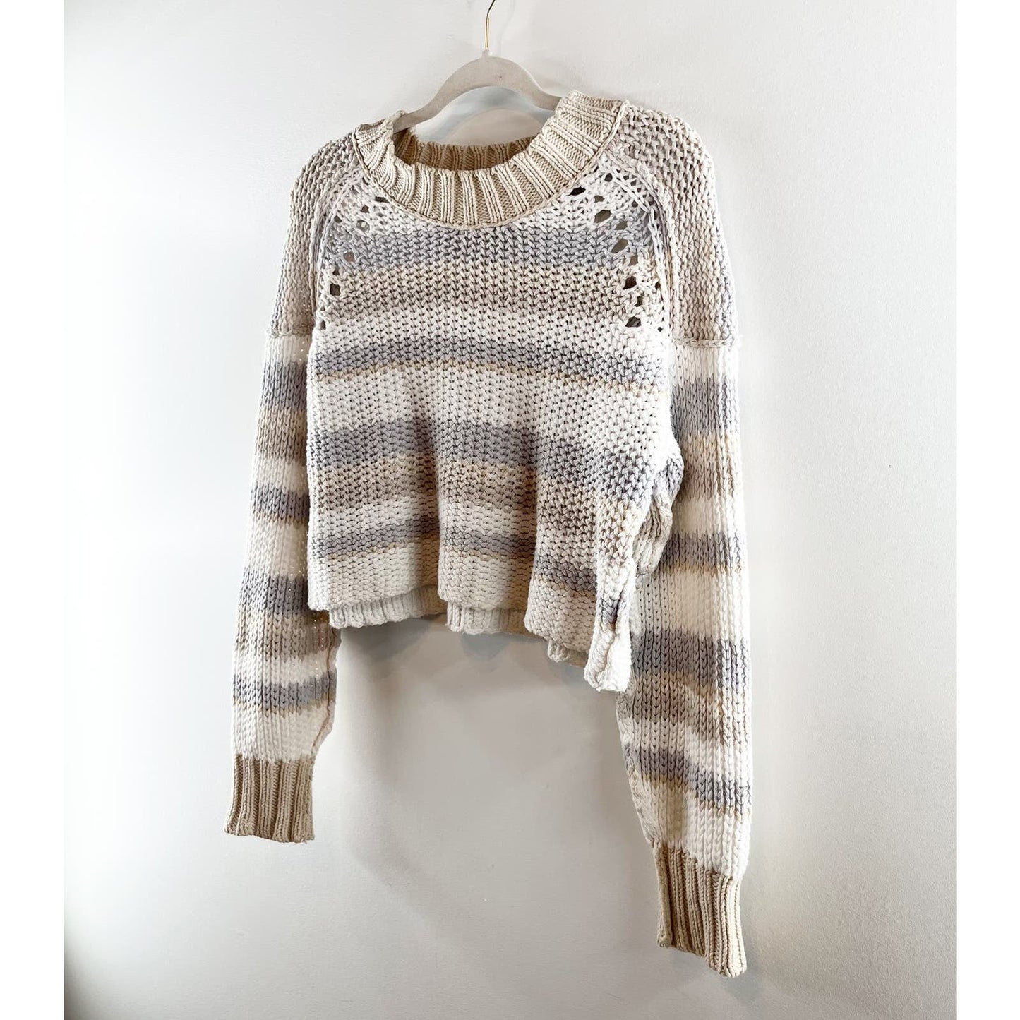 Free People Devon Striped Crewneck Long Sleeve Cropped Cotton Sweater Tan Small
