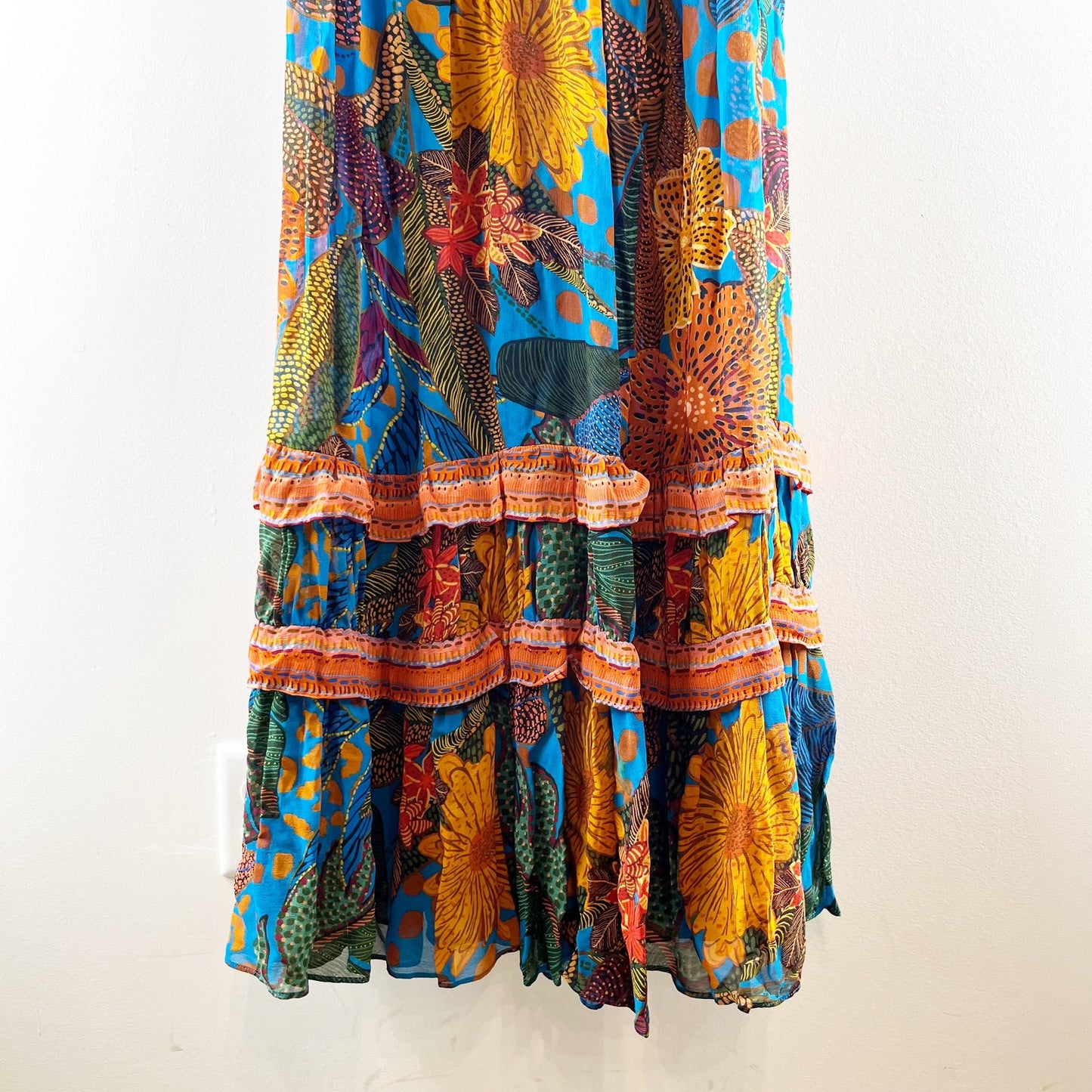 Farm Rio Anthropologie Puff-Sleeve Smocked Tiered Maxi Dress Blue Small