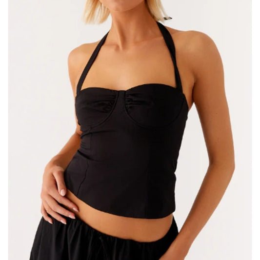 Peppermayo Cheryl Sweetheart Neck Open Back Bustier Halter Top Black 6